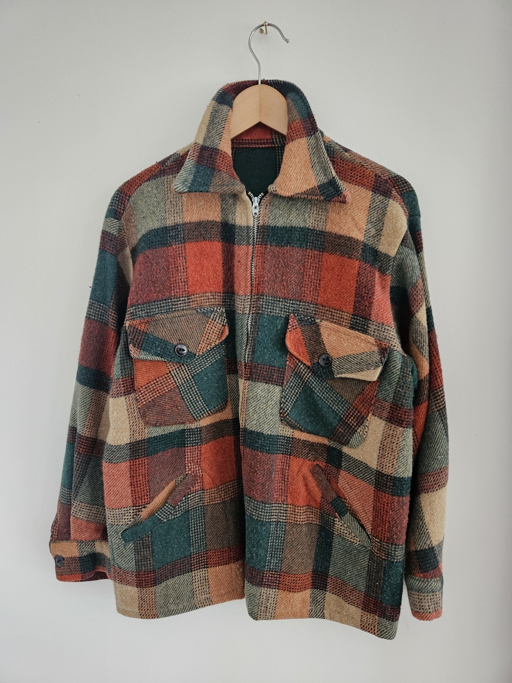 Vintage 70s Plaid Zip-Front Wool Blend Jacket Mens Large Rust Teal